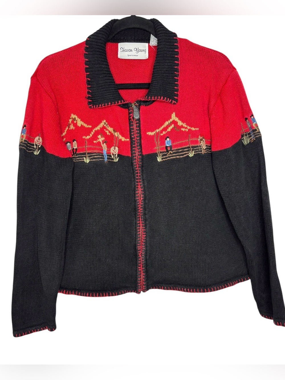 VTG Sharon Young Zip-Up Knit Sweater Western Cowboy Embroidered Southwestern Med